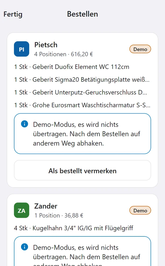 Bestellen: offene Positionen je Großhändler mit Anzahl und Summe.