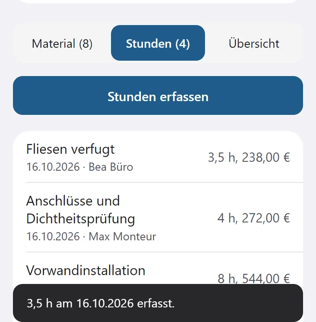 Stunden eines Auftrags mit Tätigkeit, Datum, Monteur, Dauer und Betrag.